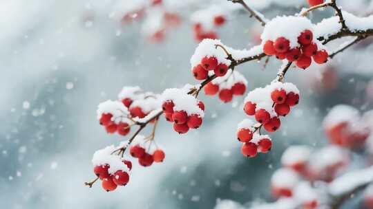 覆雪红色果实特写