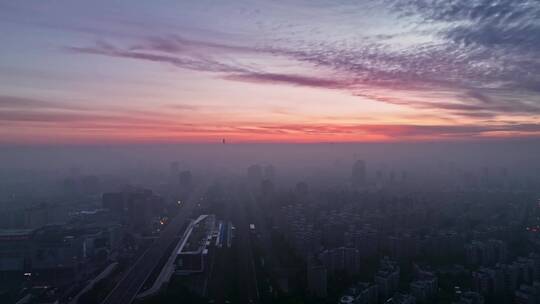 上海闵行梅陇镇朝霞平流雾绝美天航拍4K