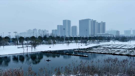 航拍银装素裹城市雪景长沙雪景