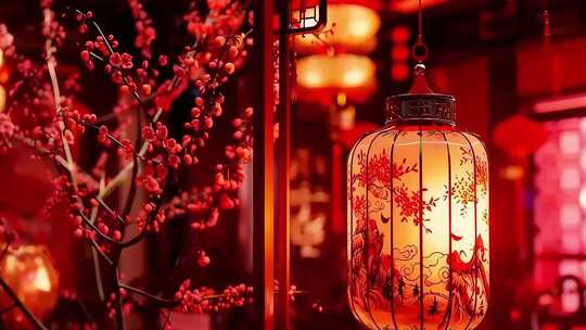 中式灯笼与红梅喜庆场景