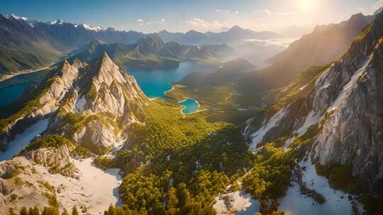 壮丽山脉湖泊自然风光航拍全景