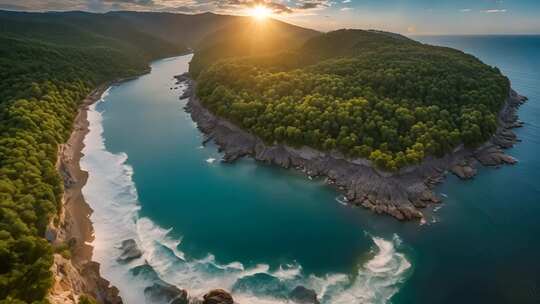 海岸森林日出全景