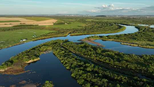 航拍垦区海拉尔河湿地自然风景