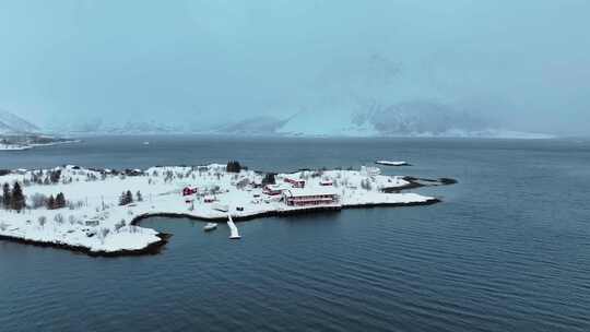 挪威罗弗敦群岛北极圈雷纳冬季雪景高空航拍