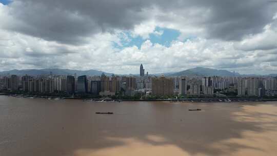 温州瓯江两岸高楼建筑蓝天白云航拍