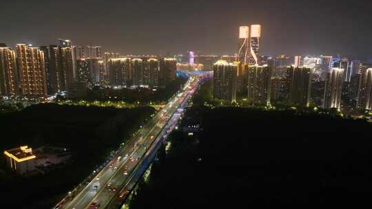 杭州滨江区闻涛路秋石高架路航拍夜晚夜景车