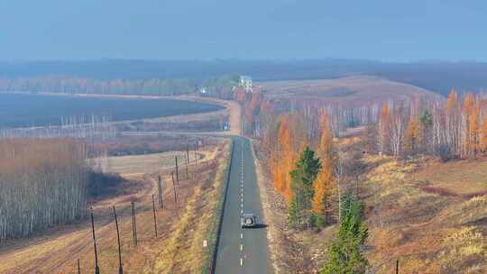 4k航拍车辆行驶在大兴安岭的道路上