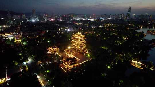 山东济南大明湖超然楼晚霞夜景游船俯拍航拍