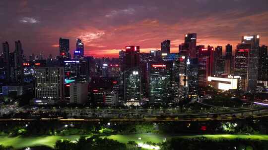 深圳南山区科技园航拍晚霞夜景