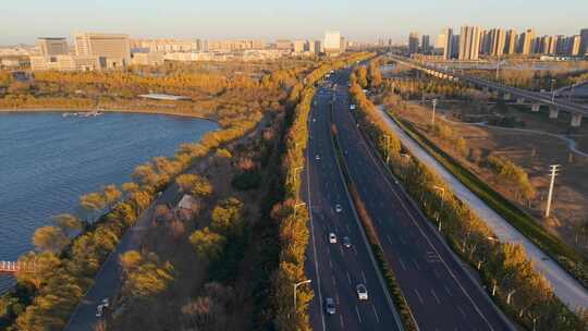 城市湖边大道的航拍风景