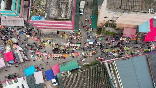 农村集贸市场菜市场农贸市场集市赶集航拍