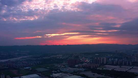 航拍重庆郊区唯美火烧云晚霞夕阳天空风