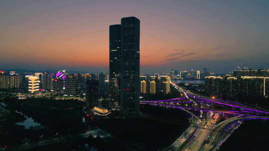 航拍杭州西兴大桥与机场高架立交桥蓝调风光