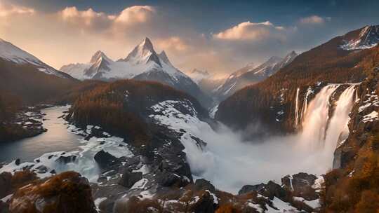 雪山瀑布自然风光全景