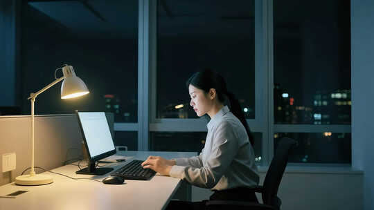 职场女性夜晚加班工作