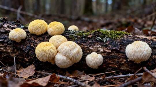 森林中木头上生长的蘑菇素材