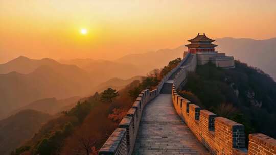 航拍晨曦中的长城与山峦