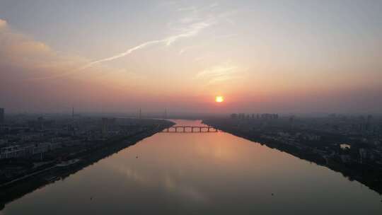 湖南湘潭湘江湘潭大桥日落晚霞夕阳航拍