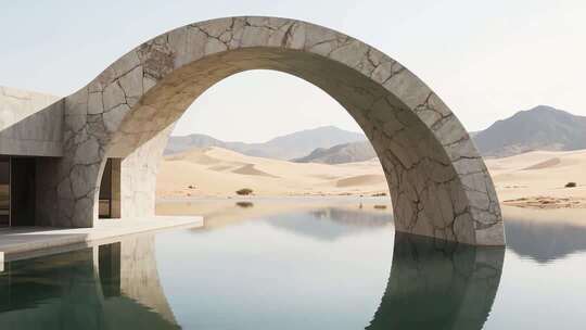沙漠中的拱形建筑与水景