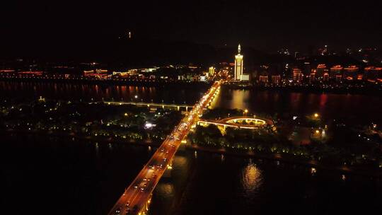 航拍湖南长沙夜景湘江夜景橘子洲大桥夜景