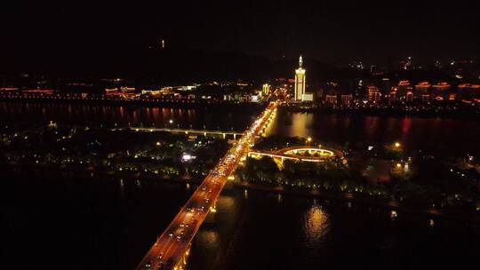 航拍湖南长沙夜景湘江夜景橘子洲大桥夜景视频素材模板下载