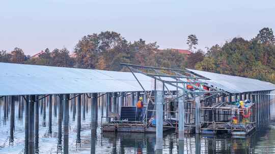 水上光伏建设工地黄昏延时