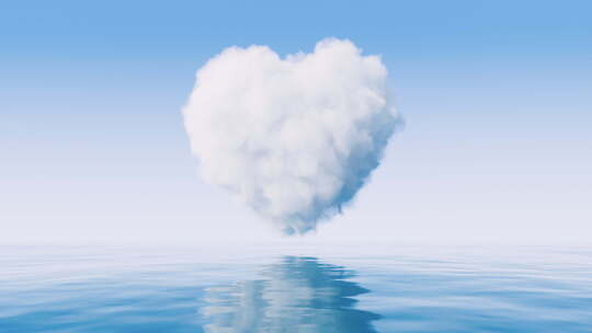 蓝色水面上一个云朵组成的爱心