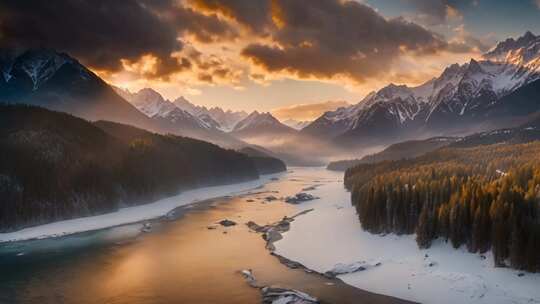 雪山河流森林黄昏全景