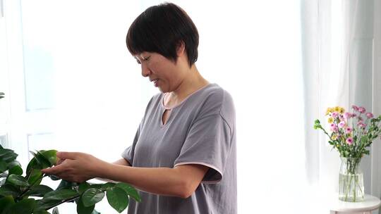 在家修剪花草的中国女性形象