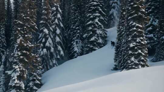 雪林之中单人滑雪场景