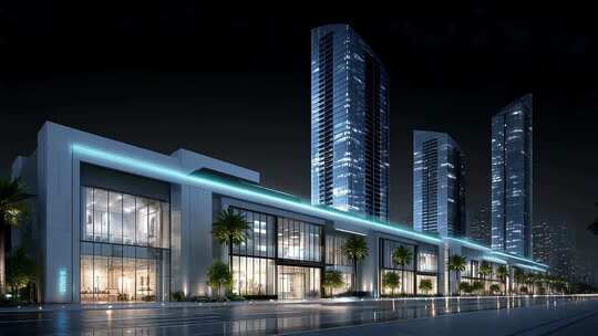 现代城市商业建筑群夜景灯光璀璨