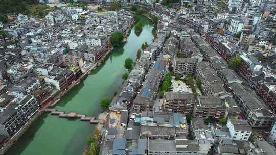 航拍湖南湘西旅游凤凰古城民居建筑群街景