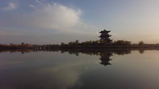 傍晚酒泉天马湖湿地公园