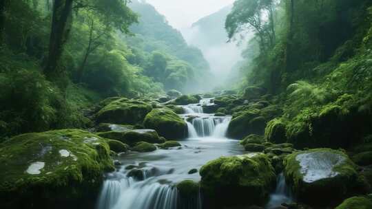 森林中的溪流瀑布景观
