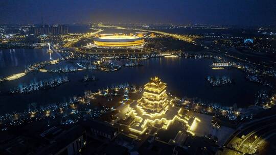 高清航拍成都大运会场馆地址东安湖夜景灯光