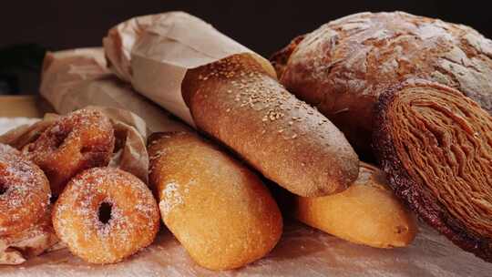 面包师展示的西班牙面包和传统面包店甜点视频素材模板下载