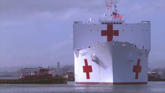 红十字会海军船只停在码头