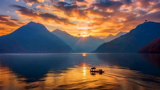 日出时分的湖光山色美景