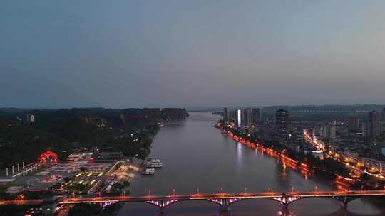 城市河流桥梁夜景航拍乐山夜景