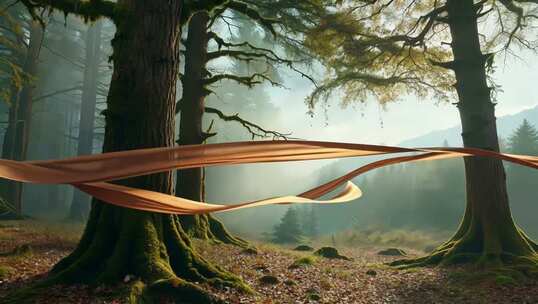 森林中飘动的橙色绸带