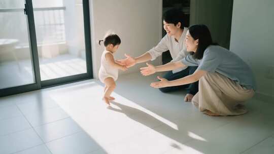 父母引导婴儿室内学步