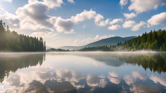 山林间湖泊清晨美景