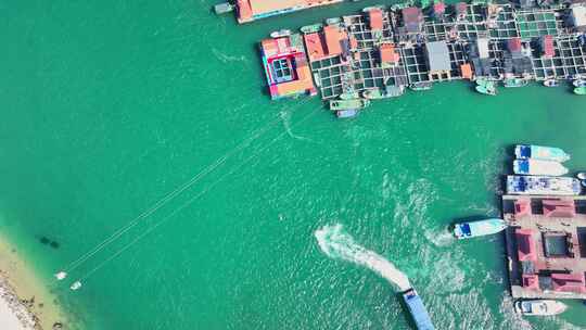 4k海南陵水疍家鱼排玻璃海海湾玻璃海航拍