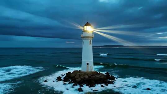 大海中的灯塔夜景素材