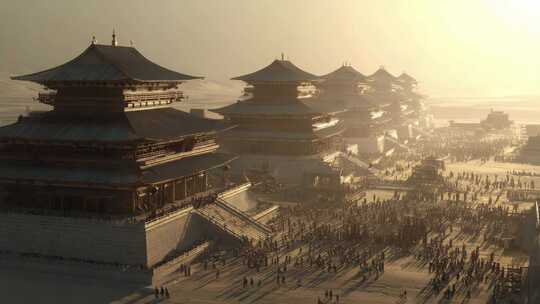 古代宫殿建筑人群全景