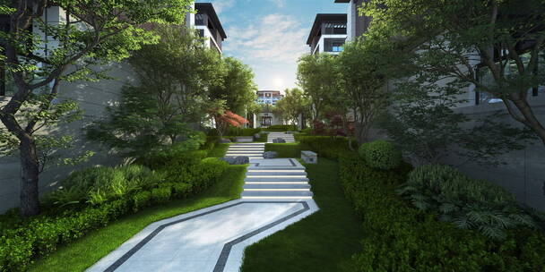 新中式小区庭院走廊园林三维