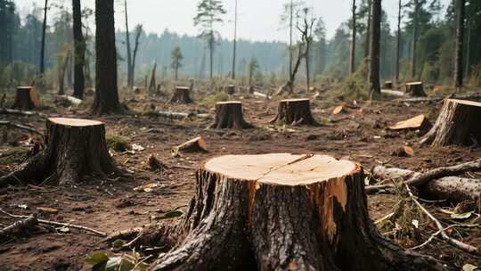 森林砍伐后的树桩景象