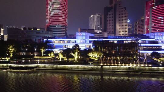 航拍宁波市中心鼓楼天一城市繁华夜景