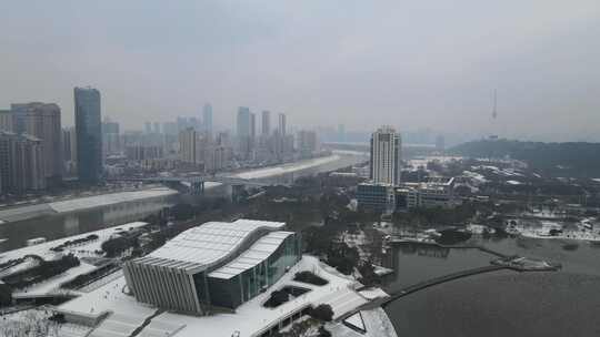 武汉汉阳区琴台大剧院雪景航拍