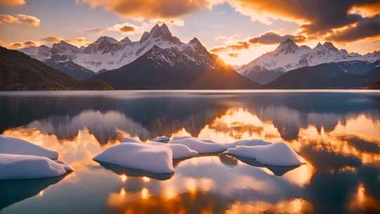 雪山湖泊日落全景